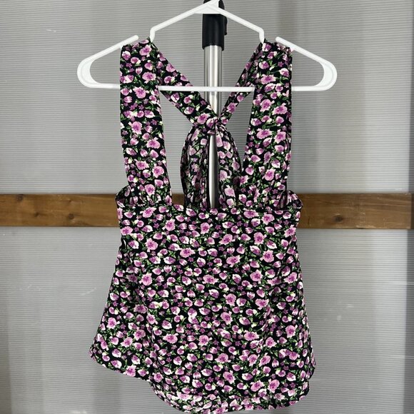 NWT Zara Floral Twist Neck Halter Blouse Tank Top Purple Black Green‎ White Sz S - Picture 5 of 8